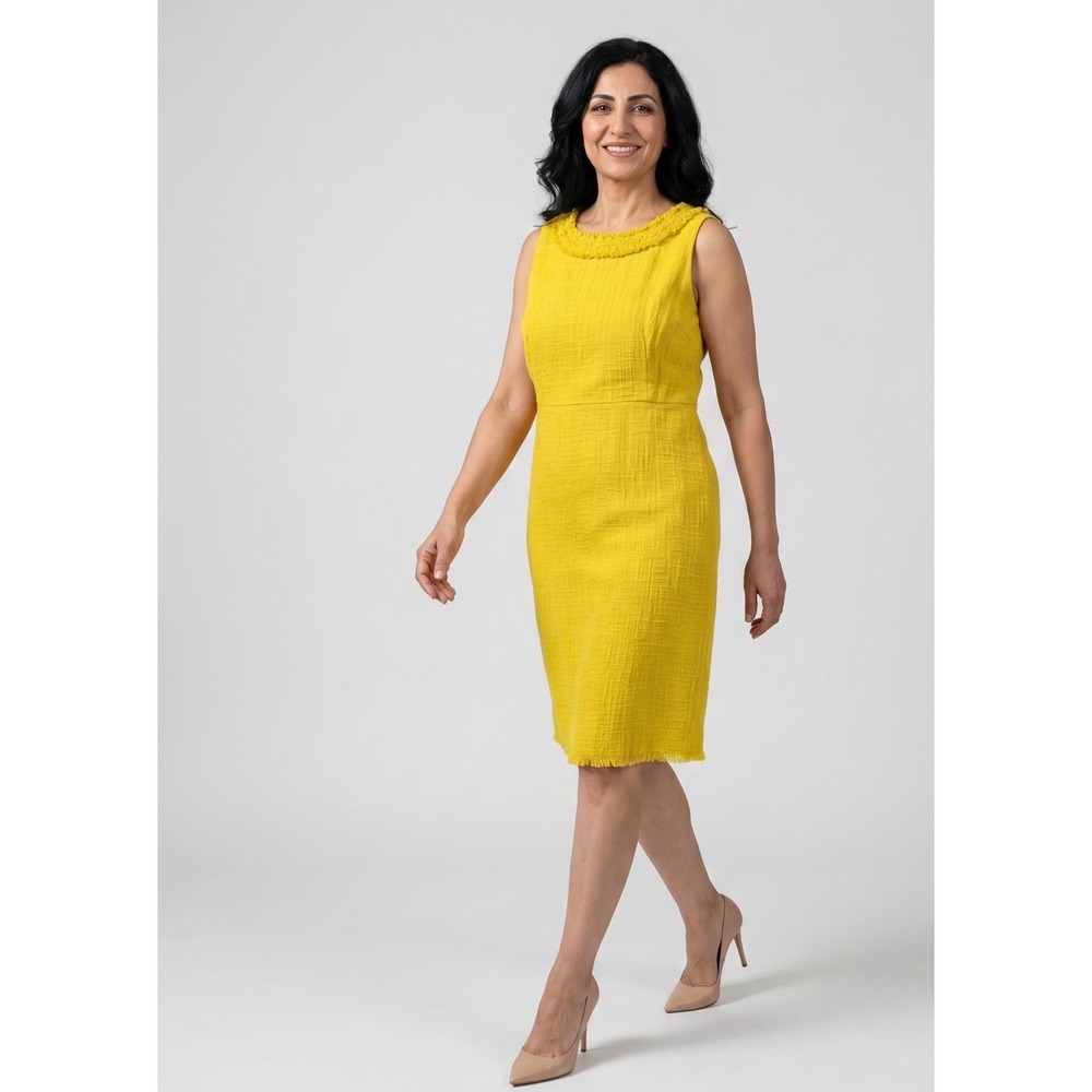 NWT J.Crew Yellow Textured Fringe Tweed Sheath Dress Size 16 Work Career Classic